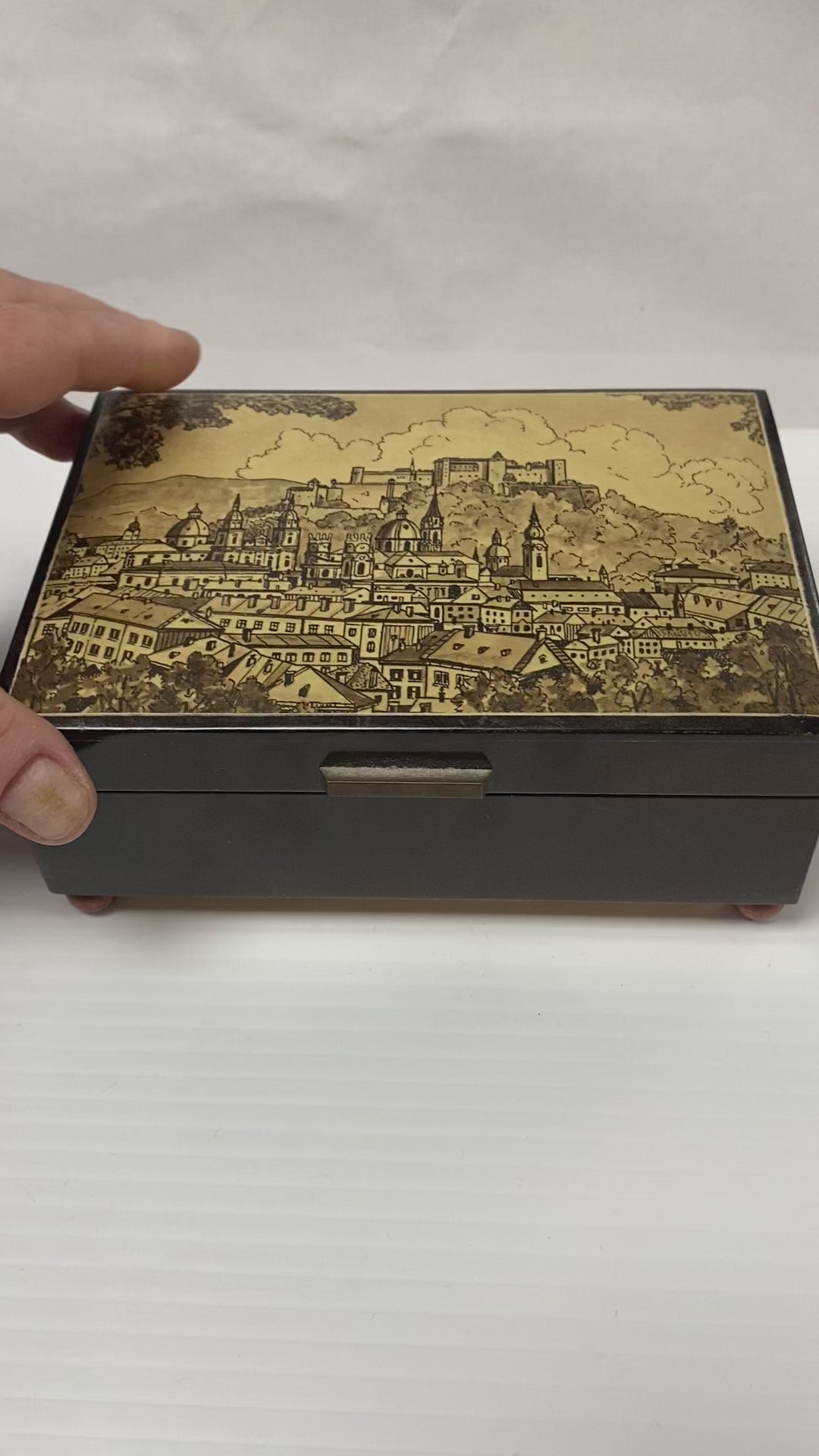 u715 Vintage Swiss Musical Movement Jewelry Box "Reich mir die Hand mein Leben"