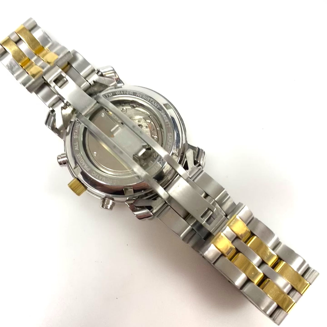 w064 Prague Men's Automatic Multi-Dial Wrist Watch Classic Two-tone Stainless