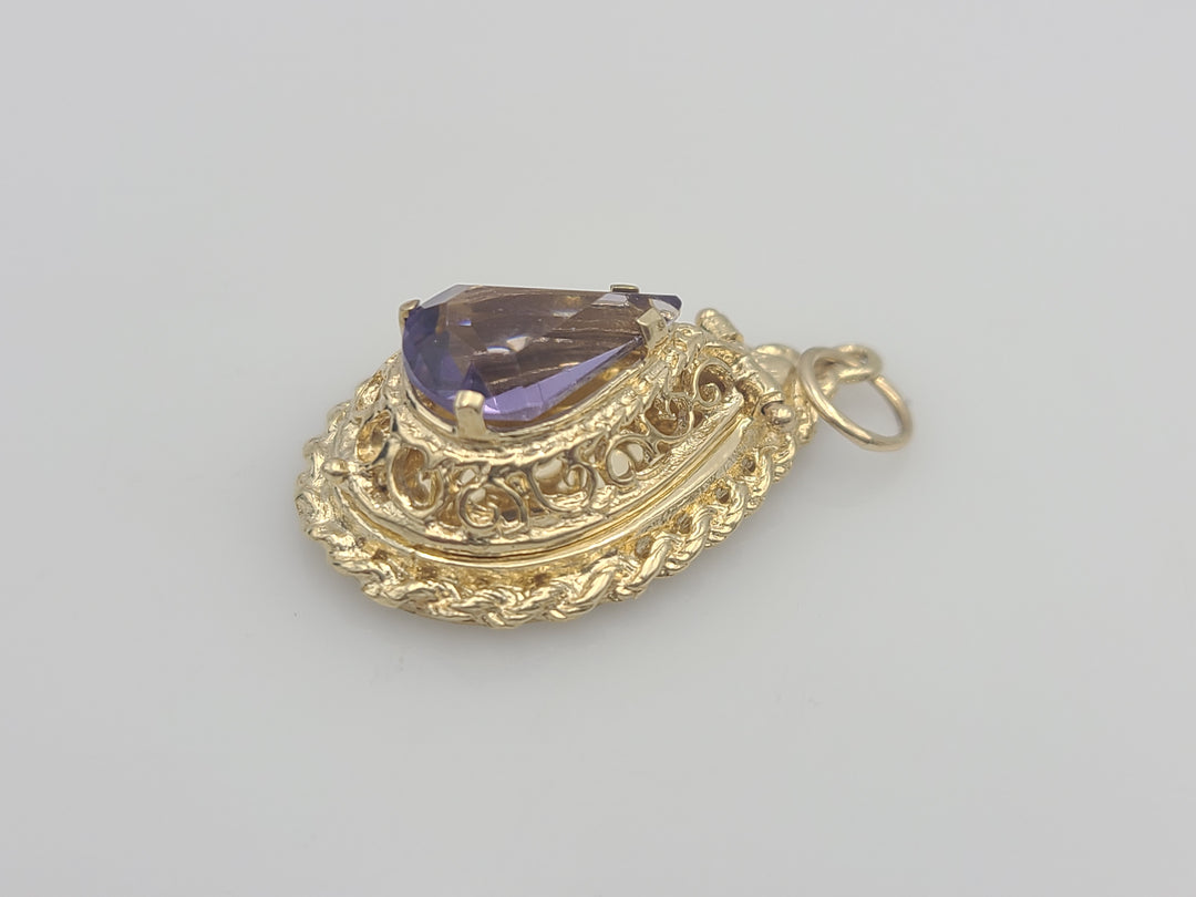 k924 Vintage 14kt Yellow Gold Purple Stone Locket Pendant