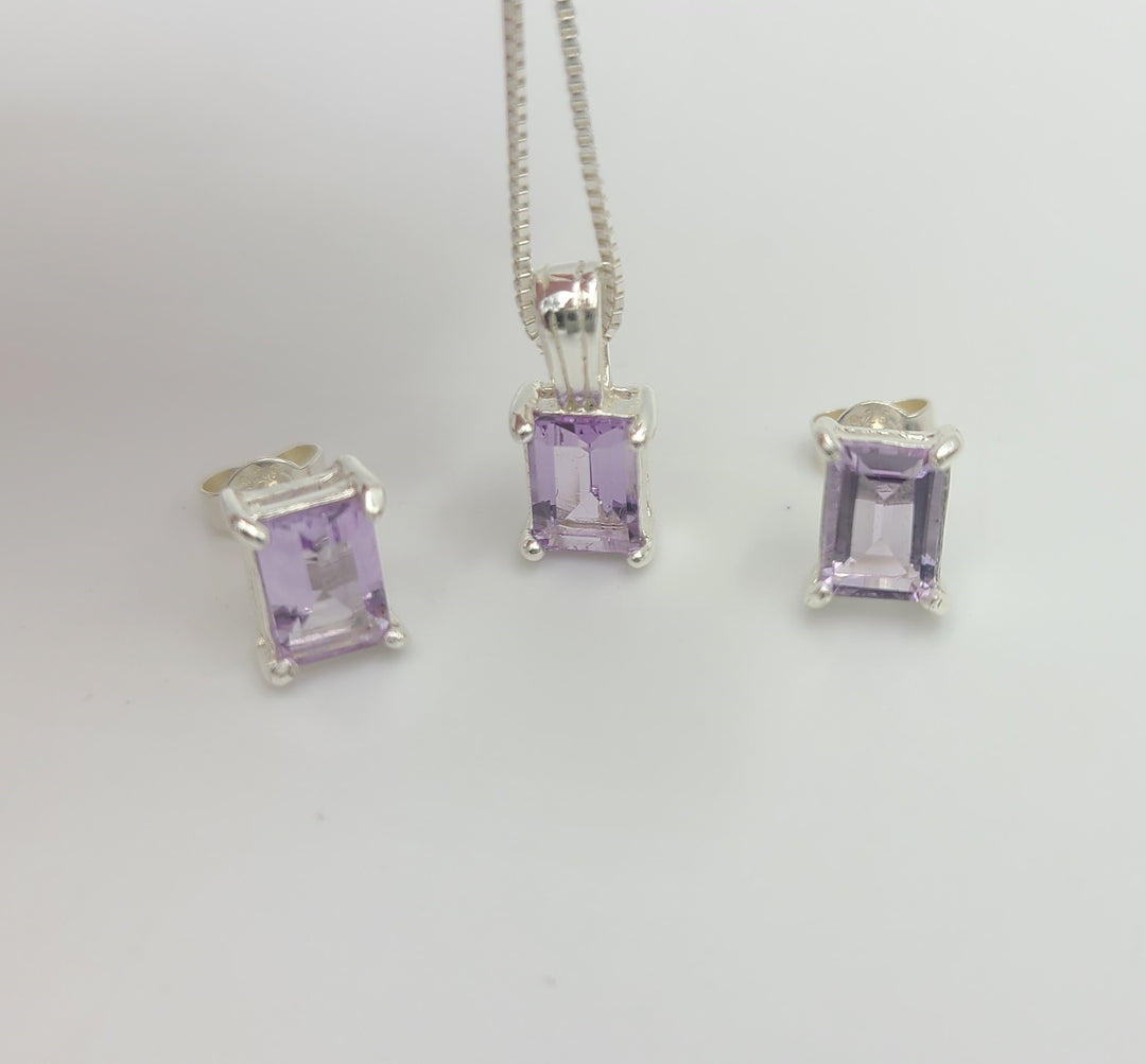 m672 Sterling Silver Purple Stone Earring and 16" Necklace Set