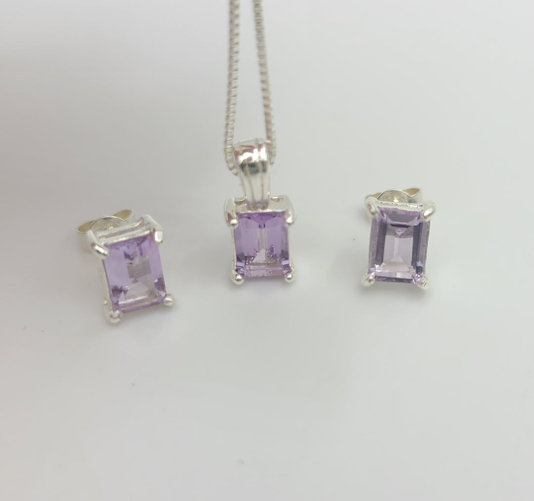 m672 Sterling Silver Purple Stone Earring and 16" Necklace Set