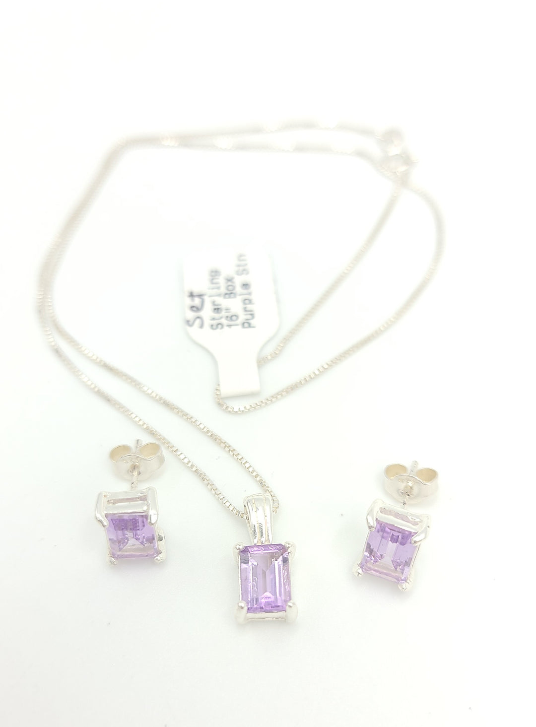 m672 Sterling Silver Purple Stone Earring and 16" Necklace Set