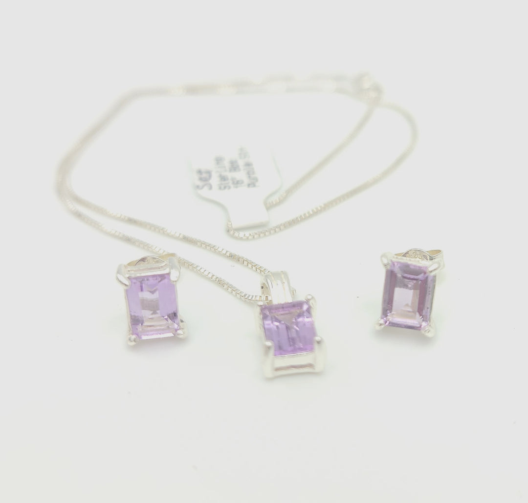 m672 Sterling Silver Purple Stone Earring and 16" Necklace Set