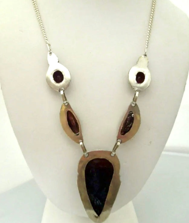 r627 Vintage Sterling Silver Multi Gemstone Necklace Sterling Silver Pendant 20"