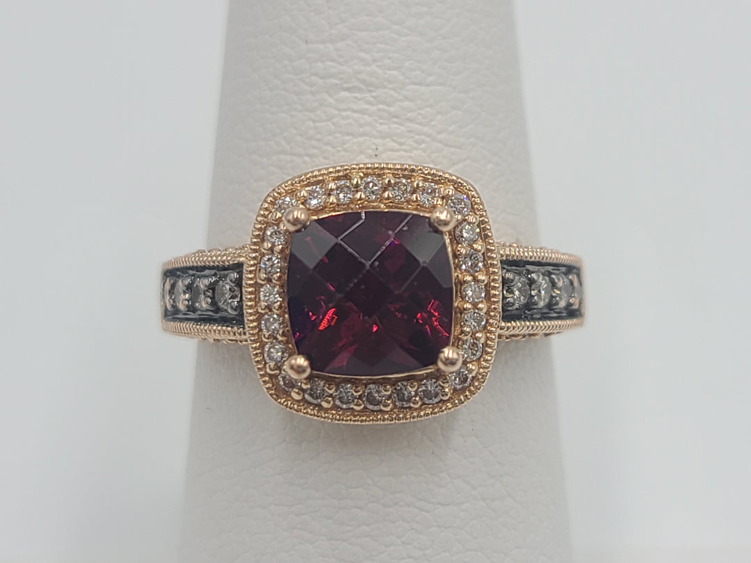 k773 Stunning Lady's LeVian 14kt Rose Gold Rhodolite & Diamond Ring