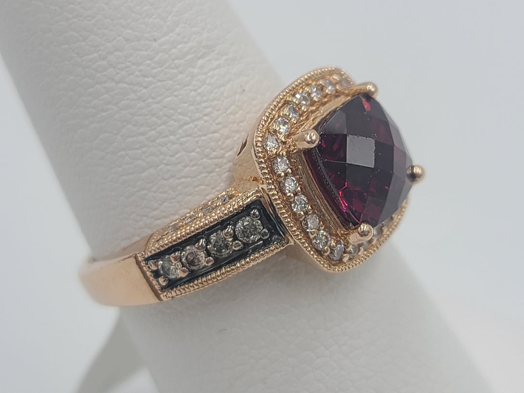 k773 Stunning Lady's LeVian 14kt Rose Gold Rhodolite & Diamond Ring