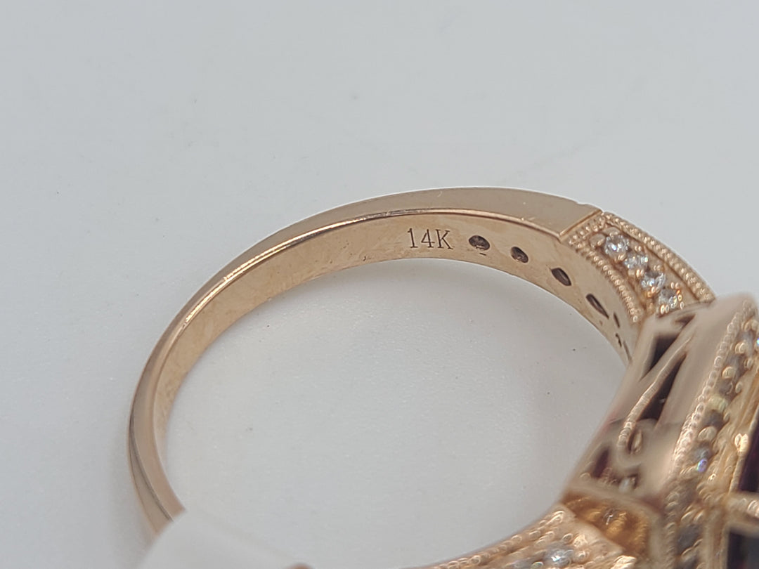 k773 Stunning Lady's LeVian 14kt Rose Gold Rhodolite & Diamond Ring