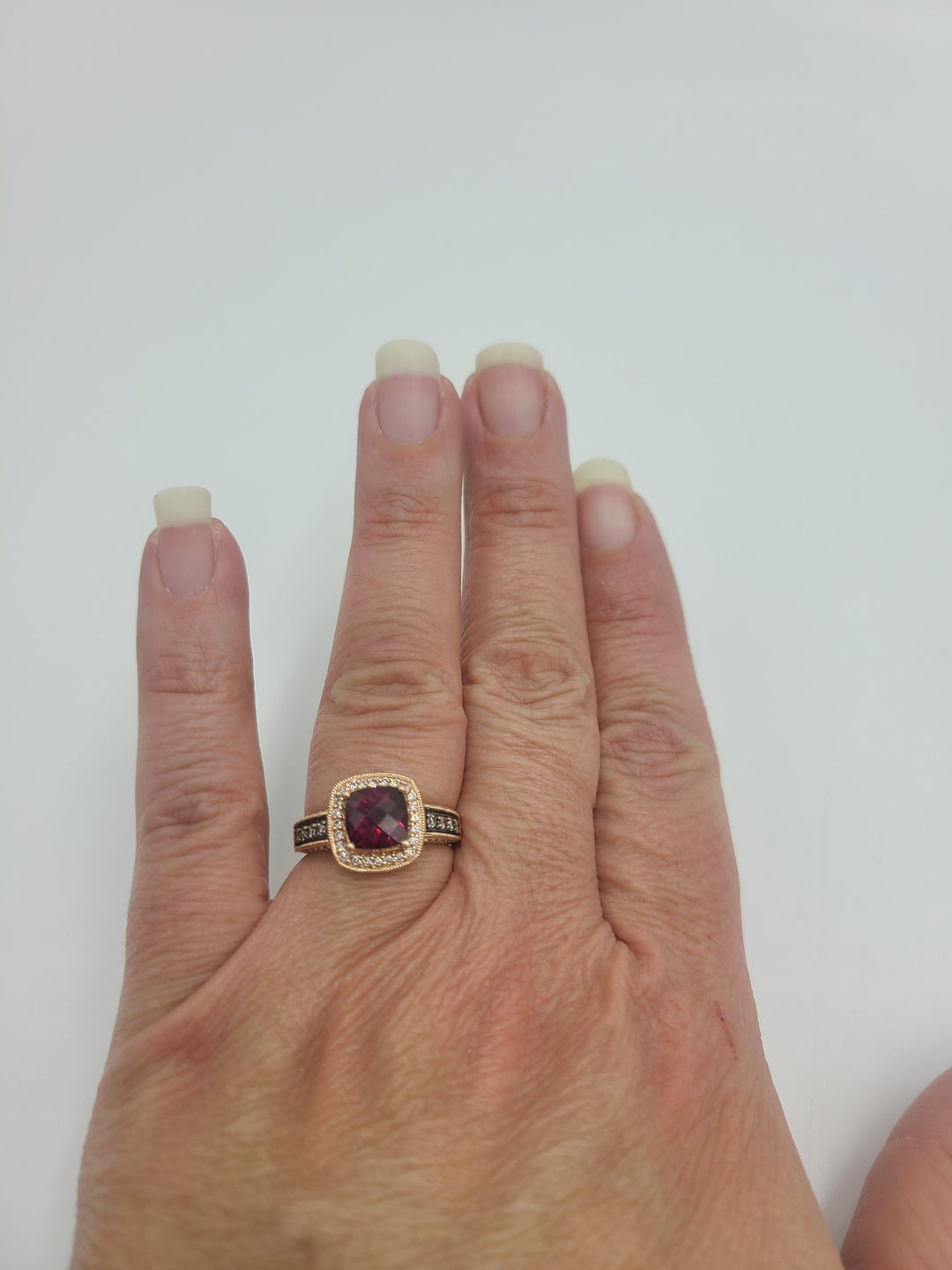 k773 Stunning Lady's LeVian 14kt Rose Gold Rhodolite & Diamond Ring