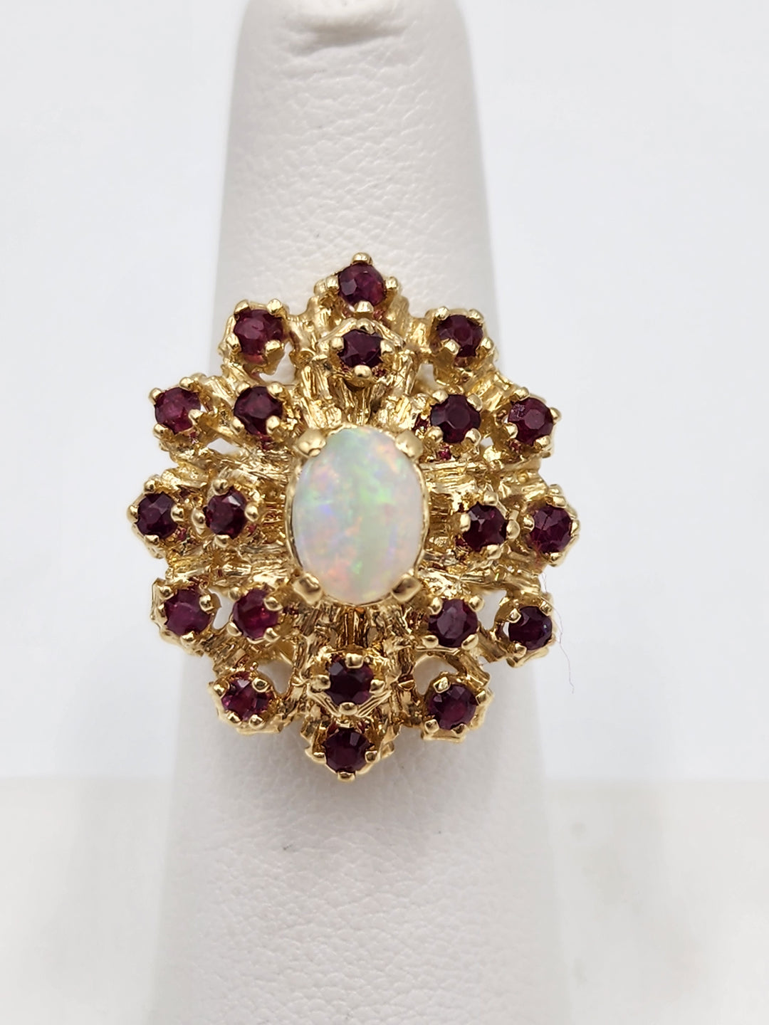 u973 Pretty Ruby and Opal Cluster Ring set in 14kt Yellow Gold