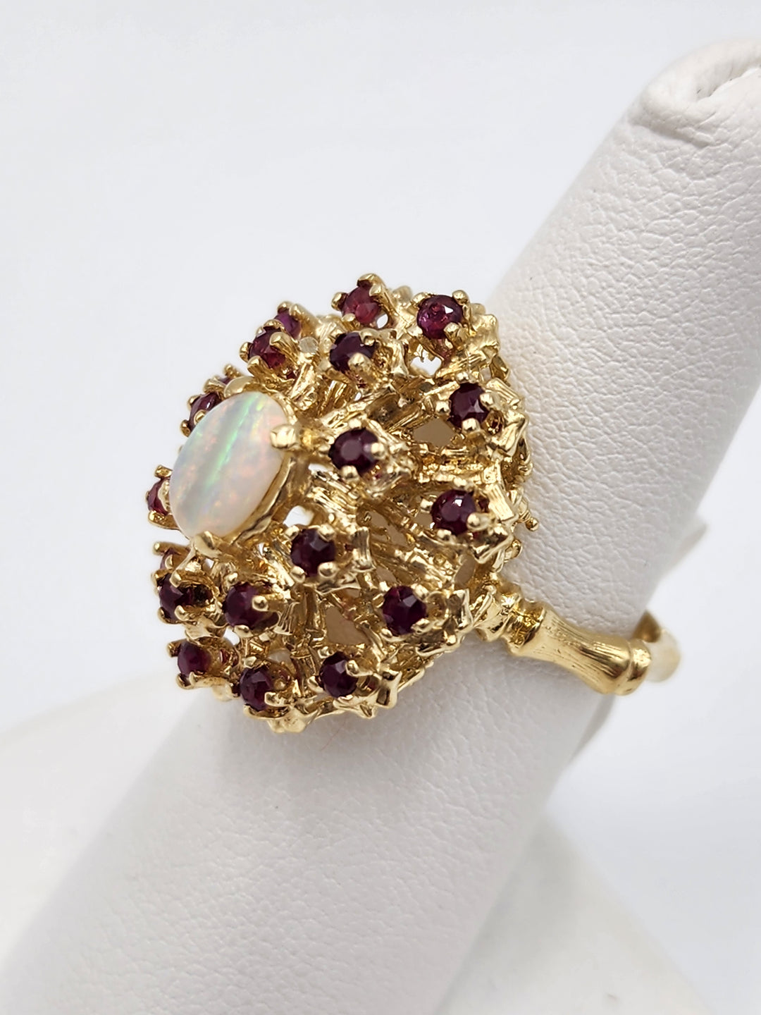 u973 Pretty Ruby and Opal Cluster Ring set in 14kt Yellow Gold