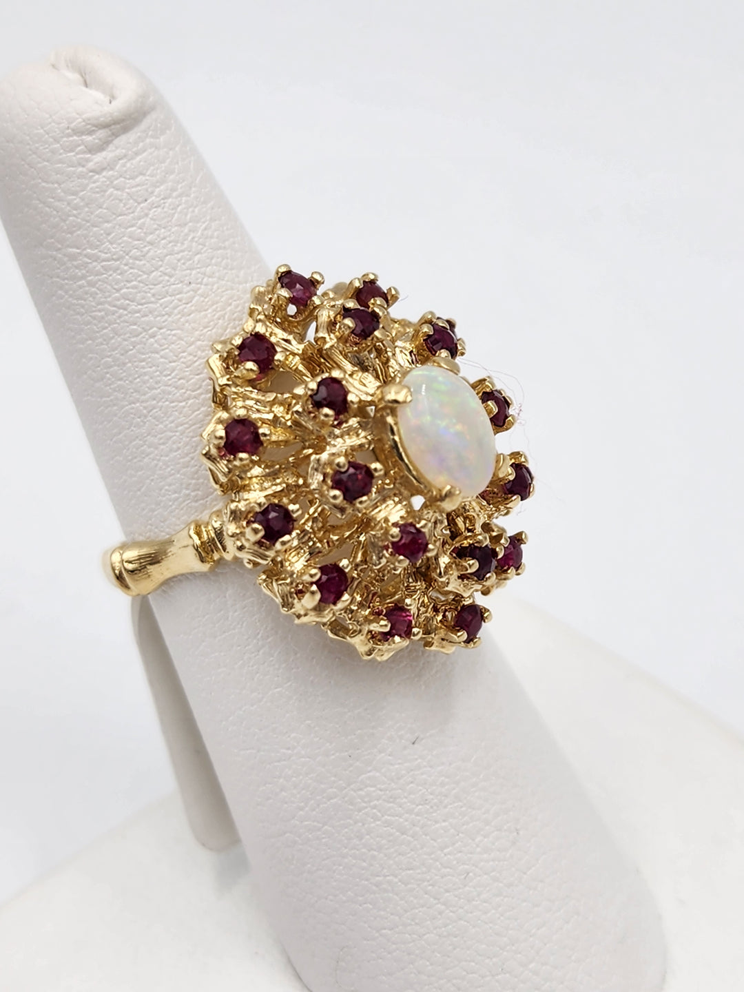 u973 Pretty Ruby and Opal Cluster Ring set in 14kt Yellow Gold