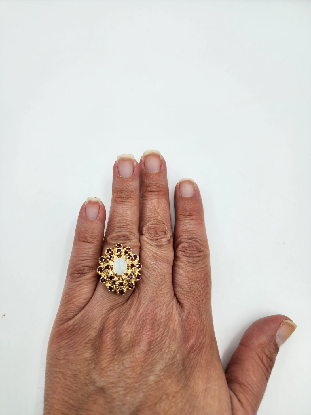 u973 Pretty Ruby and Opal Cluster Ring set in 14kt Yellow Gold