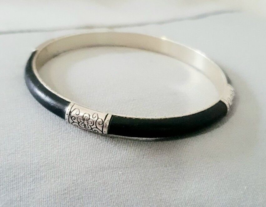 t576 Brighton Vintage Black Leather Silver Bangle Bracelet