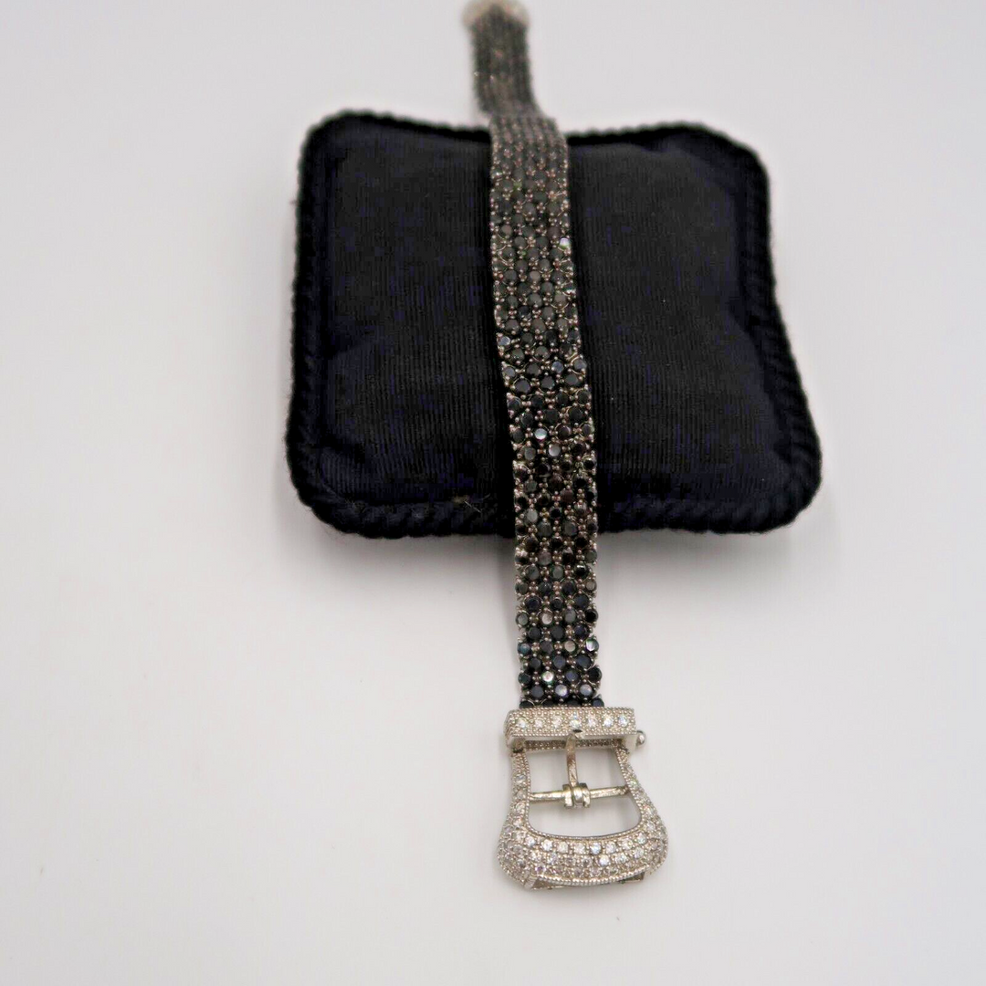 t590 Vintage Belt Buckle Style Bracelet in Sterling Silver w Clear Zirconia Pavé Stones