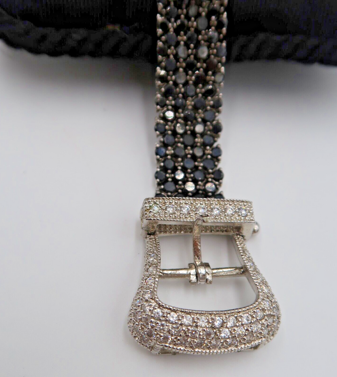 t590 Vintage Belt Buckle Style Bracelet in Sterling Silver w Clear Zirconia Pavé Stones