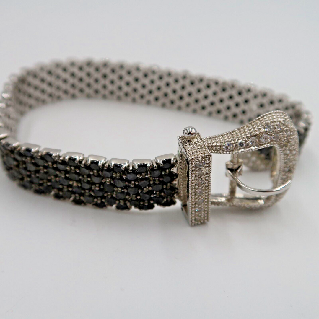 t590 Vintage Belt Buckle Style Bracelet in Sterling Silver w Clear Zirconia Pavé Stones