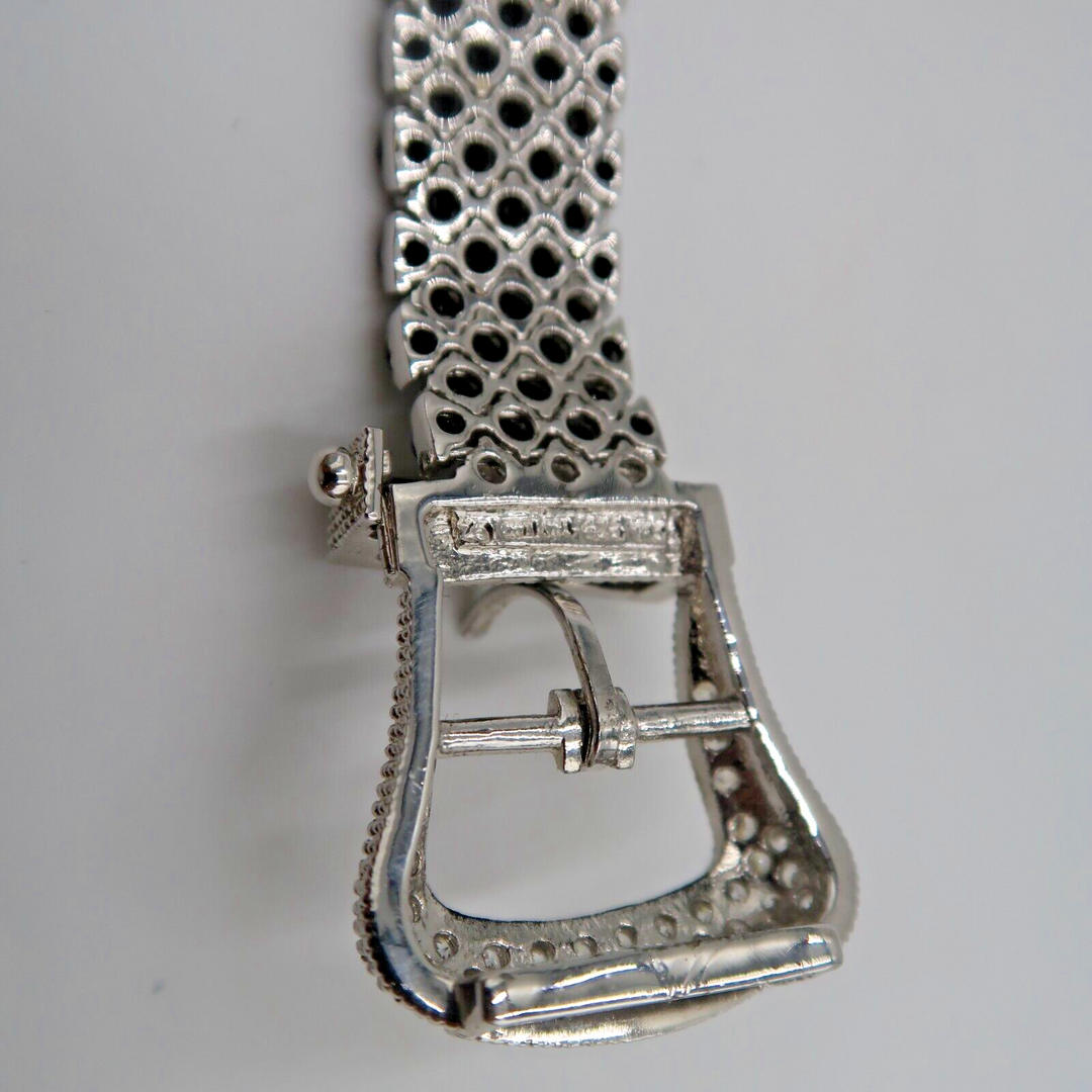 t590 Vintage Belt Buckle Style Bracelet in Sterling Silver w Clear Zirconia Pavé Stones