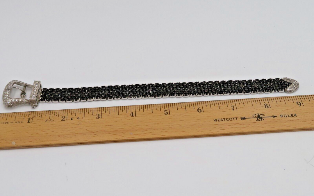 t590 Vintage Belt Buckle Style Bracelet in Sterling Silver w Clear Zirconia Pavé Stones