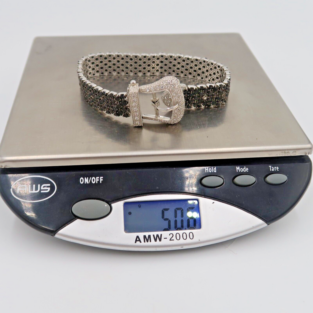 t590 Vintage Belt Buckle Style Bracelet in Sterling Silver w Clear Zirconia Pavé Stones
