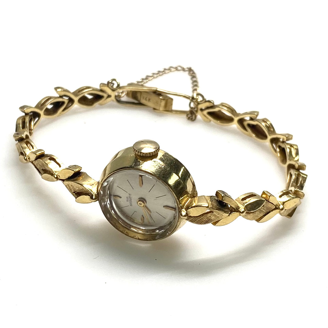 m759 Vintage 14kt Solid Yellow Gold Paul Breguette Ladies Wrist Watch Leaf-style Link Bracelet