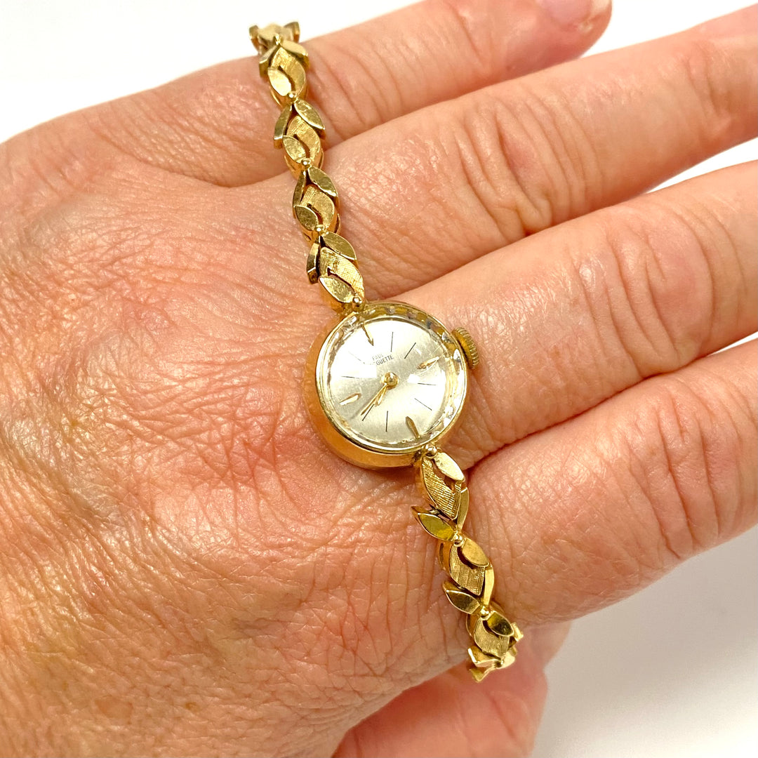 m759 Vintage 14kt Solid Yellow Gold Paul Breguette Ladies Wrist Watch Leaf-style Link Bracelet