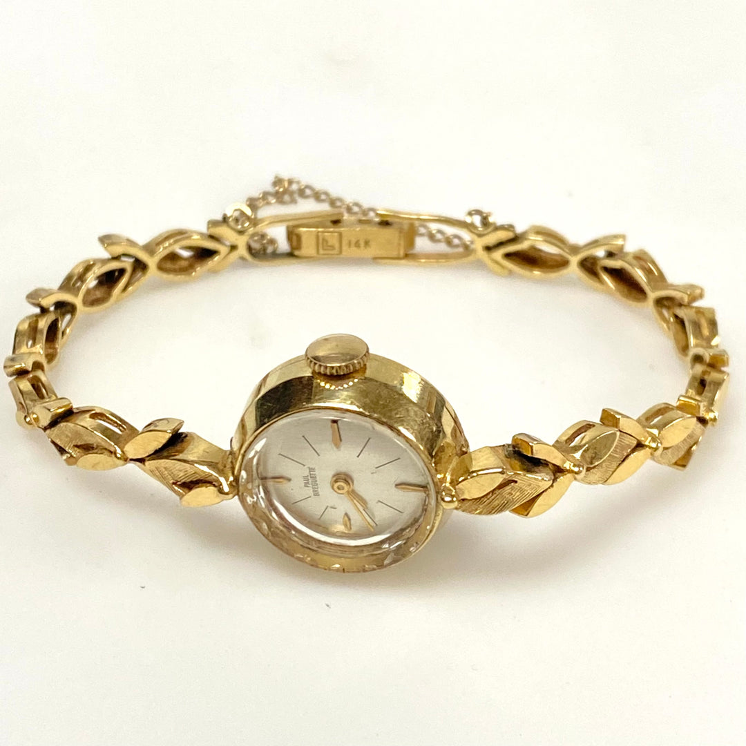 m759 Vintage 14kt Solid Yellow Gold Paul Breguette Ladies Wrist Watch Leaf-style Link Bracelet