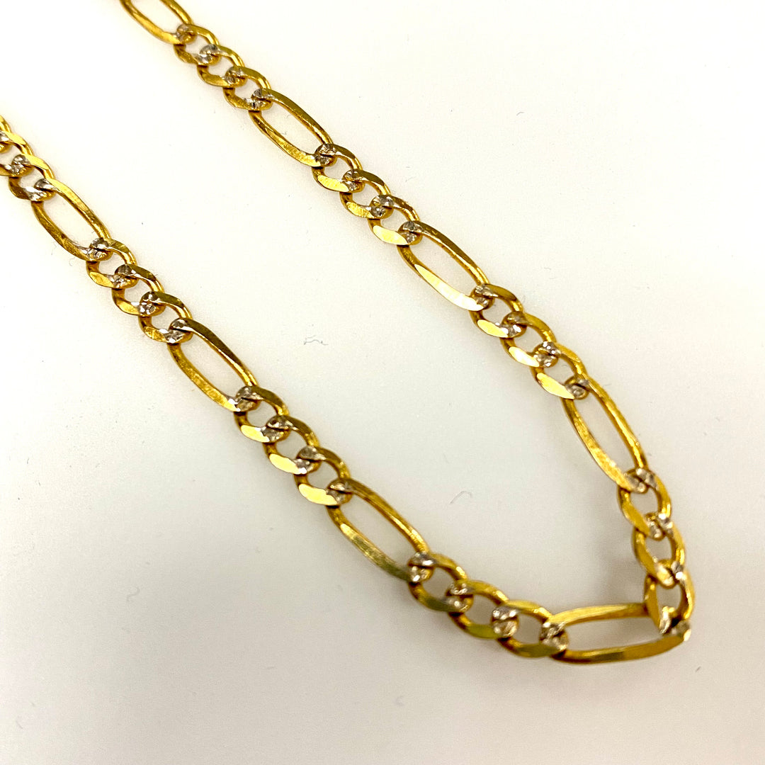 s521 Vintage 10kt White Yellow Gold Two Tone Wide Figaro Link Chain 13g 24" Long