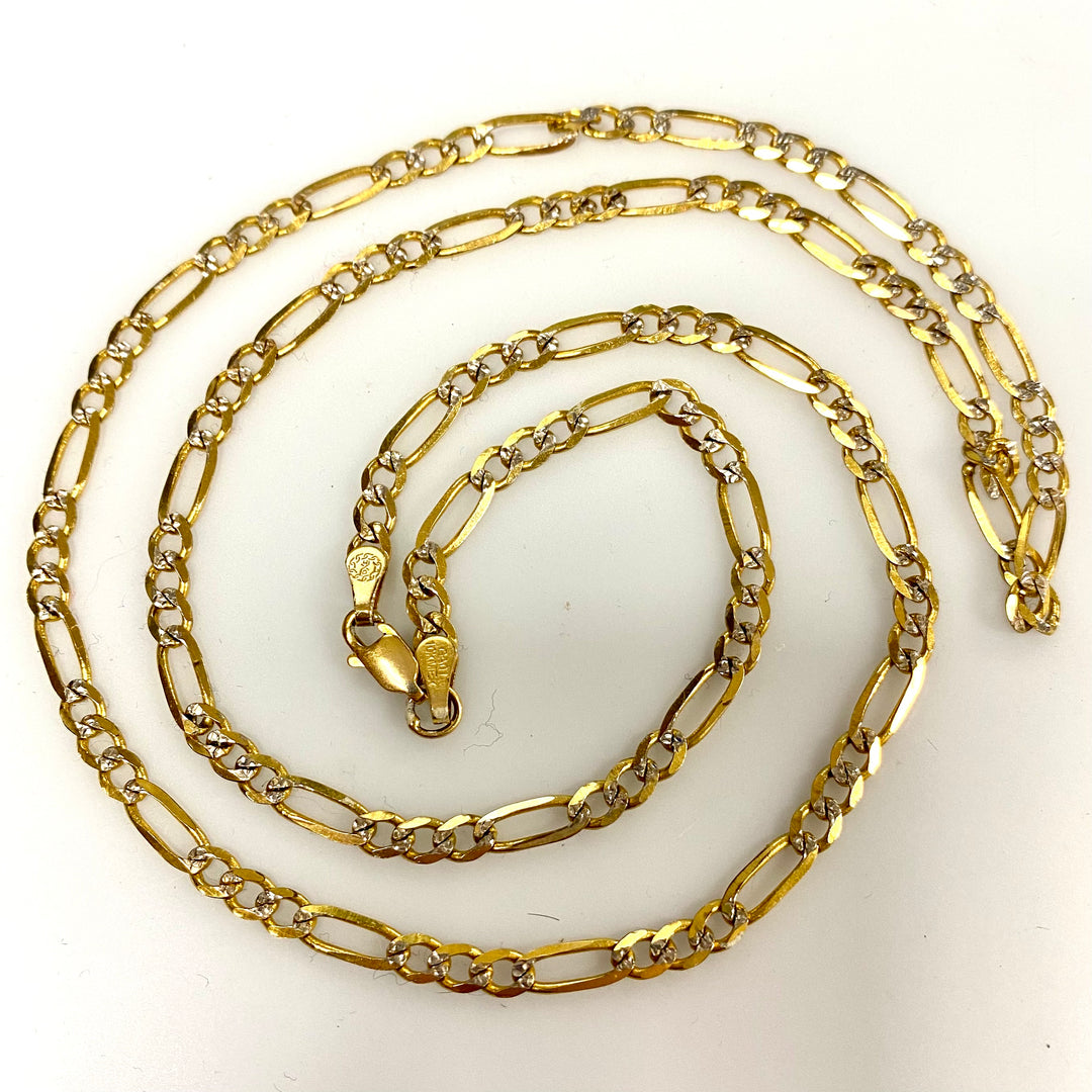 s521 Vintage 10kt White Yellow Gold Two Tone Wide Figaro Link Chain 13g 24" Long