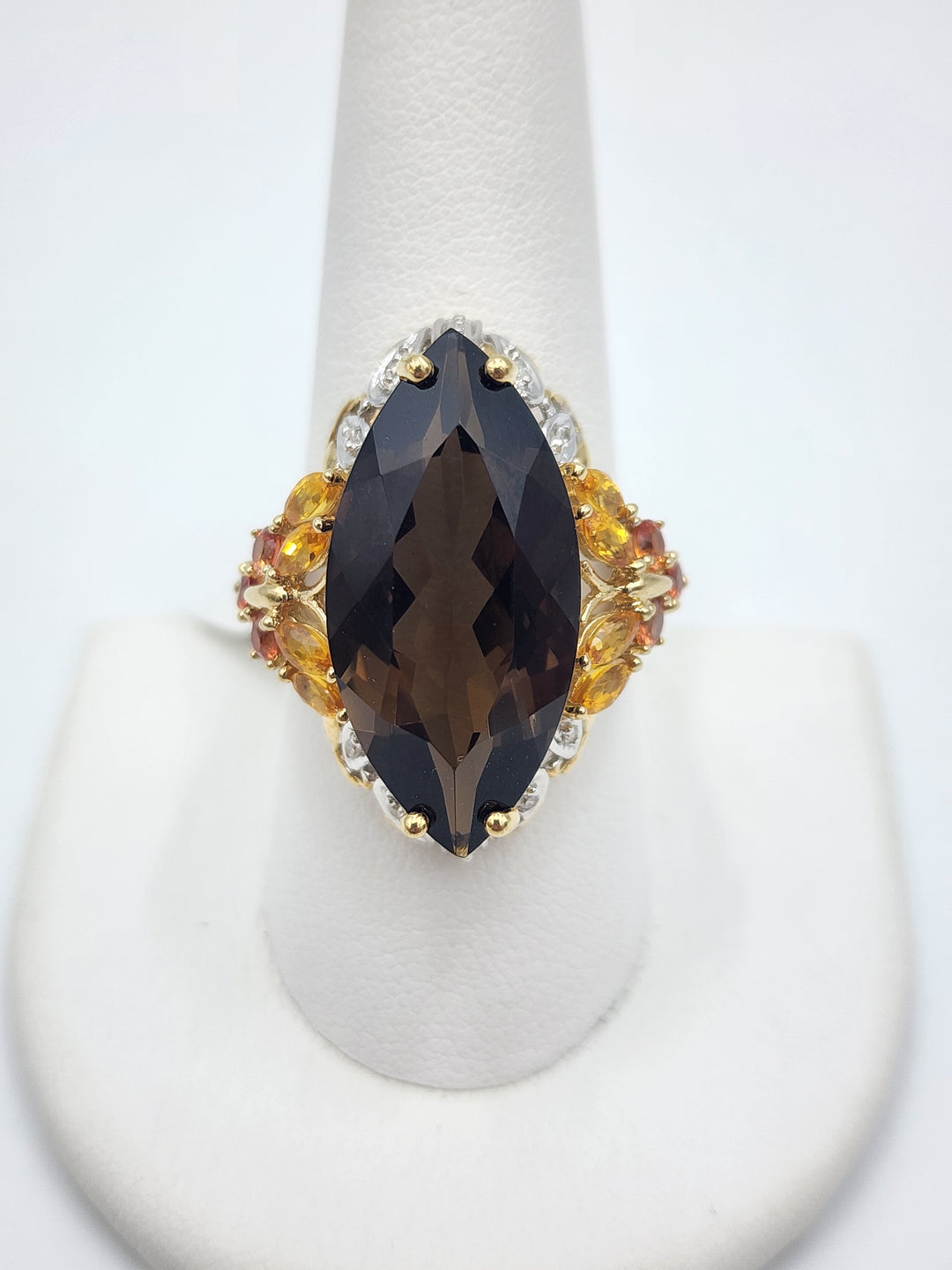 m710 Large Marquise Smoky Quartz, Citrine and Yellow Topaz Ring in 14kt Yellow Gold