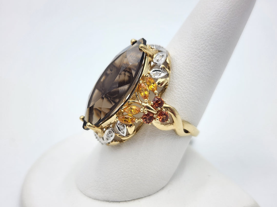m710 Large Marquise Smoky Quartz, Citrine and Yellow Topaz Ring in 14kt Yellow Gold