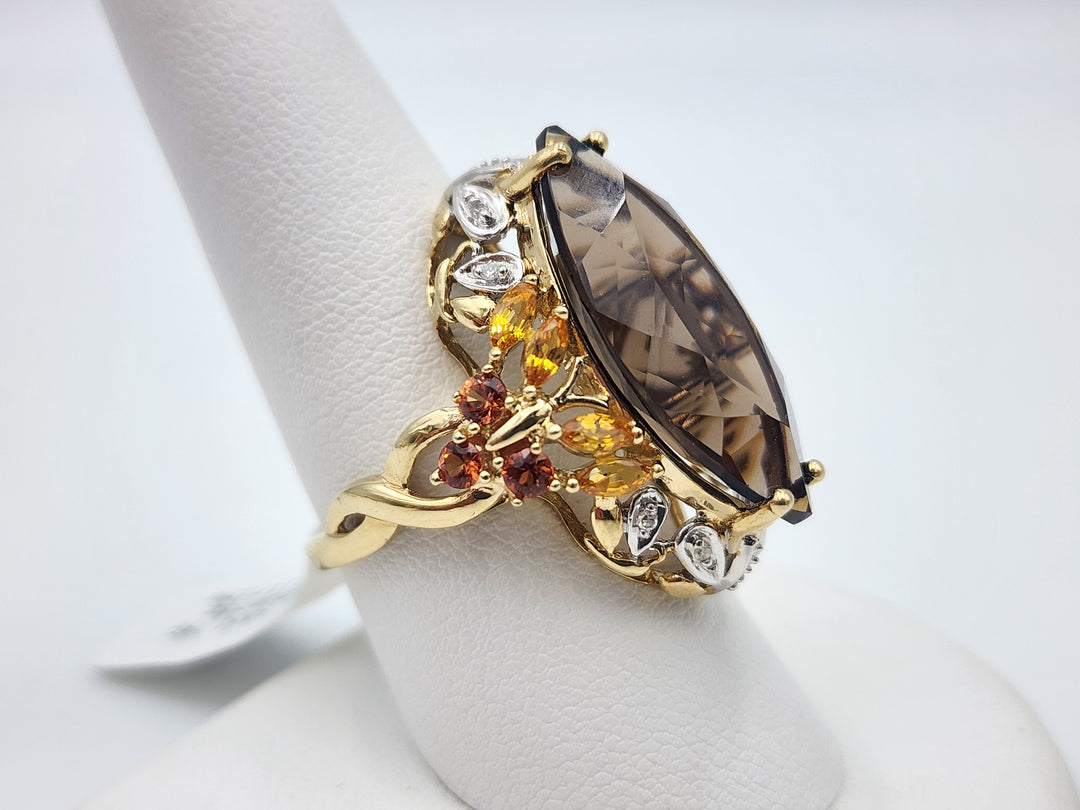 m710 Large Marquise Smoky Quartz, Citrine and Yellow Topaz Ring in 14kt Yellow Gold