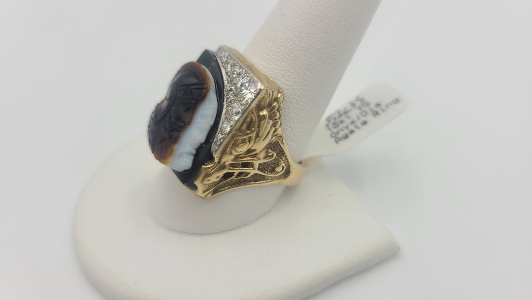 m703 Handsome Men's Onyx, Diamond and Agate Cameo 10kt Yellow Gold Ring