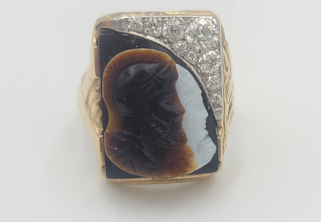 m703 Handsome Men's Onyx, Diamond and Agate Cameo 10kt Yellow Gold Ring