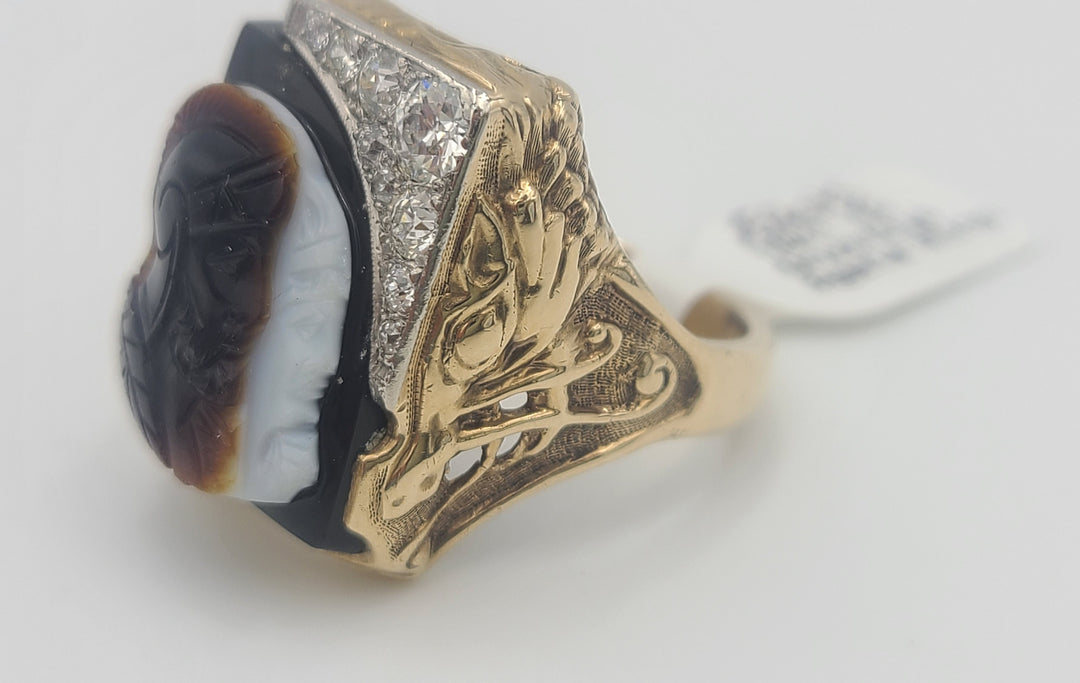 m703 Handsome Men's Onyx, Diamond and Agate Cameo 10kt Yellow Gold Ring