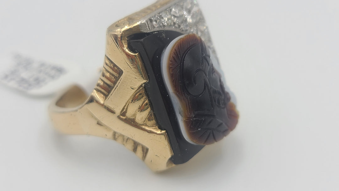 m703 Handsome Men's Onyx, Diamond and Agate Cameo 10kt Yellow Gold Ring