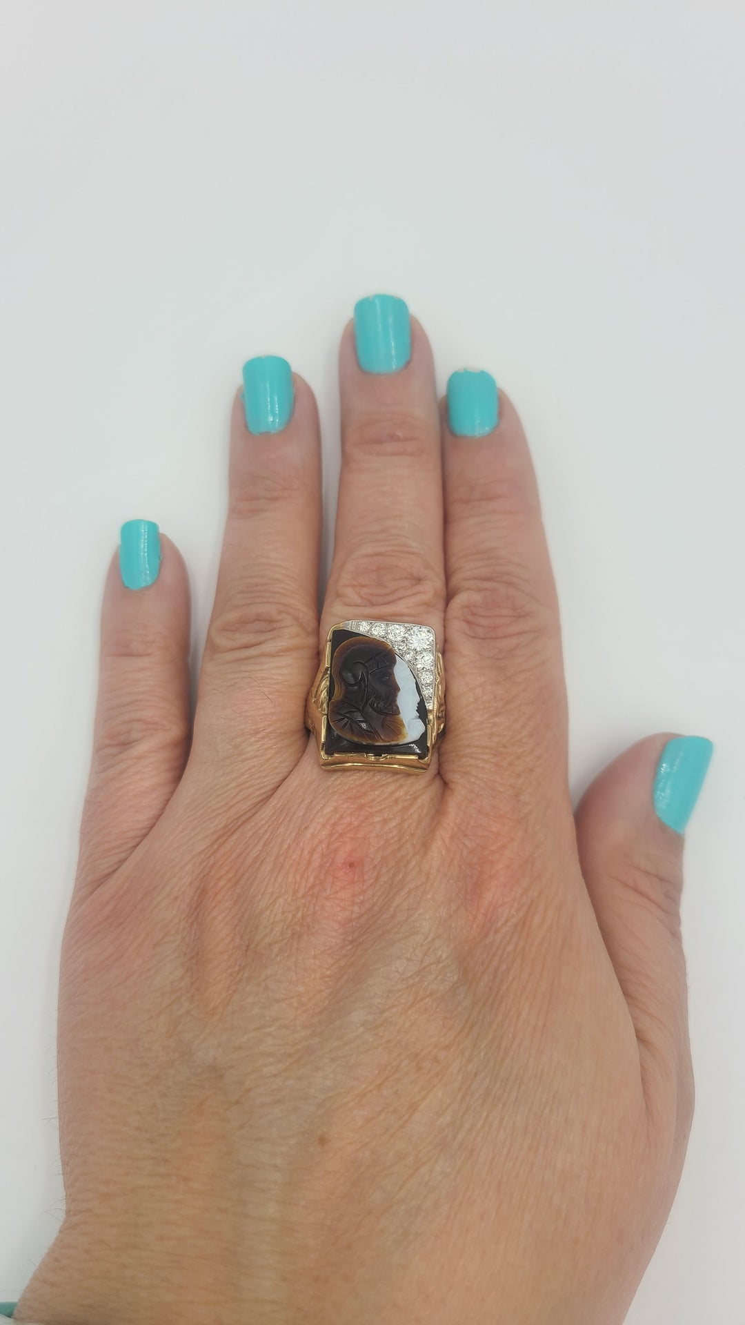 m703 Handsome Men's Onyx, Diamond and Agate Cameo 10kt Yellow Gold Ring