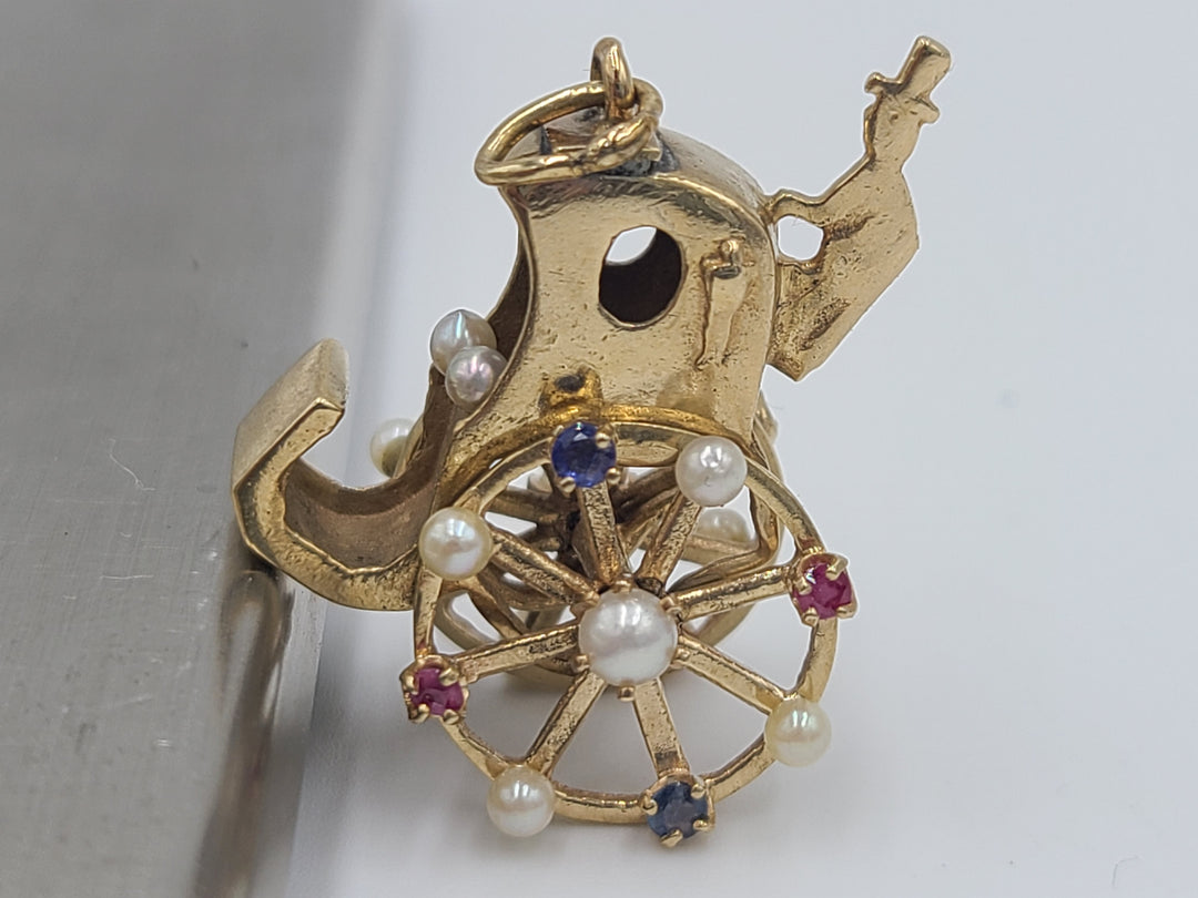 k685 Cute Vintage Ladies 14kt Yellow Gold Ruby, Sapphire and Pearl Stagecoach Charm or Pendant