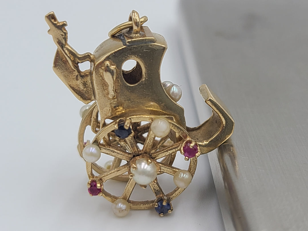 k685 Cute Vintage Ladies 14kt Yellow Gold Ruby, Sapphire and Pearl Stagecoach Charm or Pendant
