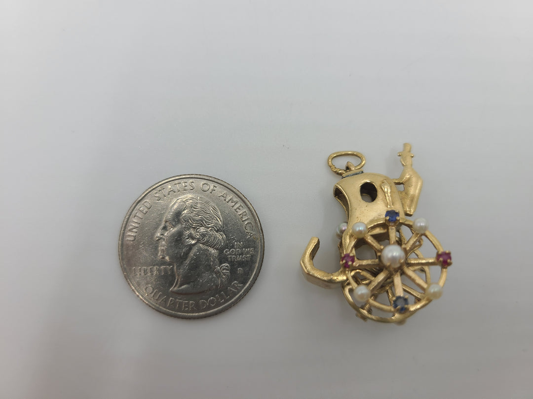k685 Cute Vintage Ladies 14kt Yellow Gold Ruby, Sapphire and Pearl Stagecoach Charm or Pendant