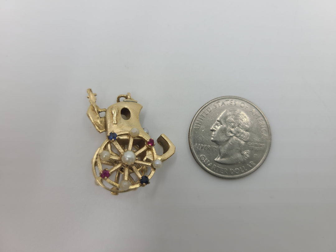 k685 Cute Vintage Ladies 14kt Yellow Gold Ruby, Sapphire and Pearl Stagecoach Charm or Pendant