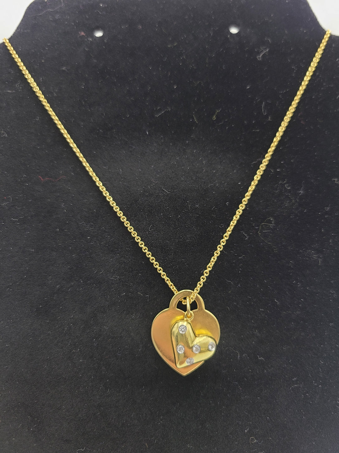 k803 Beautiful Ladies 18kt Yellow Gold Tiffany and Co Puffy Diamond Heart and Heart ID Tag on 24" Tiffany Necklace