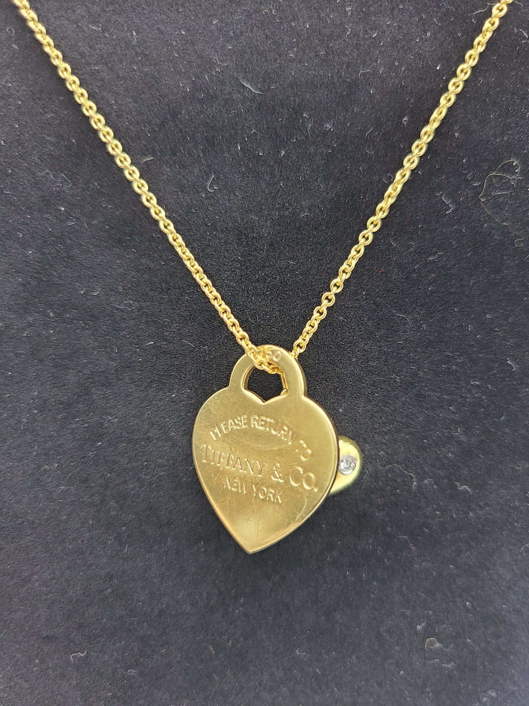 k803 Beautiful Ladies 18kt Yellow Gold Tiffany and Co Puffy Diamond Heart and Heart ID Tag on 24" Tiffany Necklace