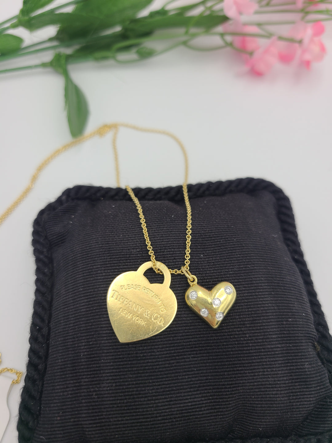 k803 Beautiful Ladies 18kt Yellow Gold Tiffany and Co Puffy Diamond Heart and Heart ID Tag on 24" Tiffany Necklace