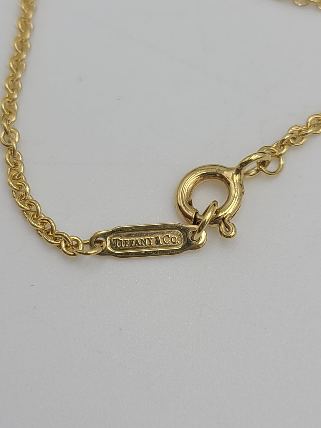 k803 Beautiful Ladies 18kt Yellow Gold Tiffany and Co Puffy Diamond Heart and Heart ID Tag on 24" Tiffany Necklace