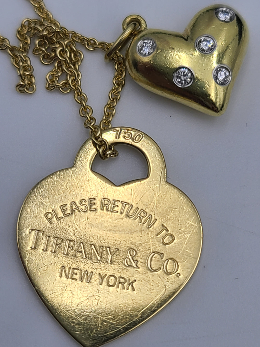 k803 Beautiful Ladies 18kt Yellow Gold Tiffany and Co Puffy Diamond Heart and Heart ID Tag on 24" Tiffany Necklace