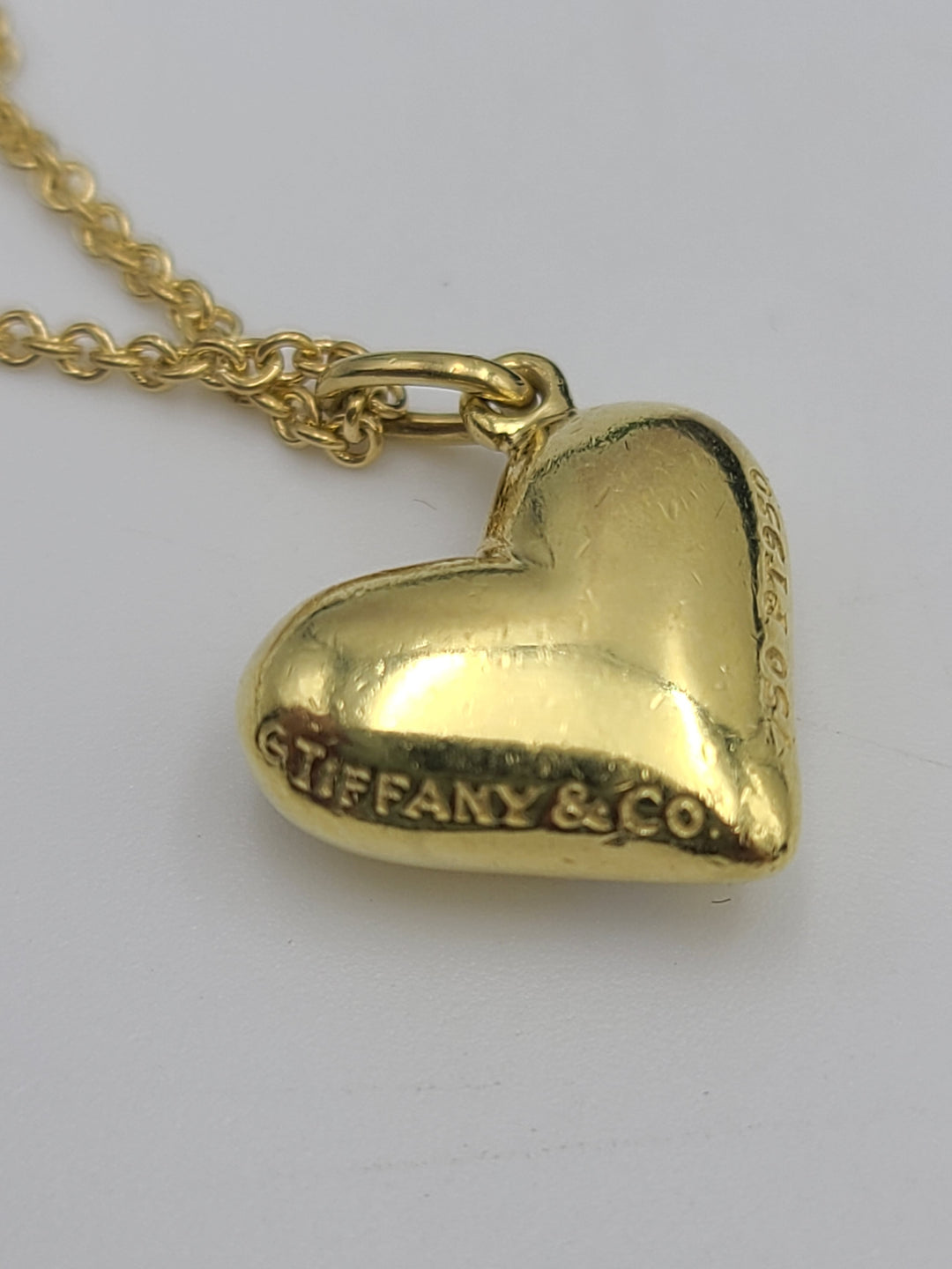 k803 Beautiful Ladies 18kt Yellow Gold Tiffany and Co Puffy Diamond Heart and Heart ID Tag on 24" Tiffany Necklace