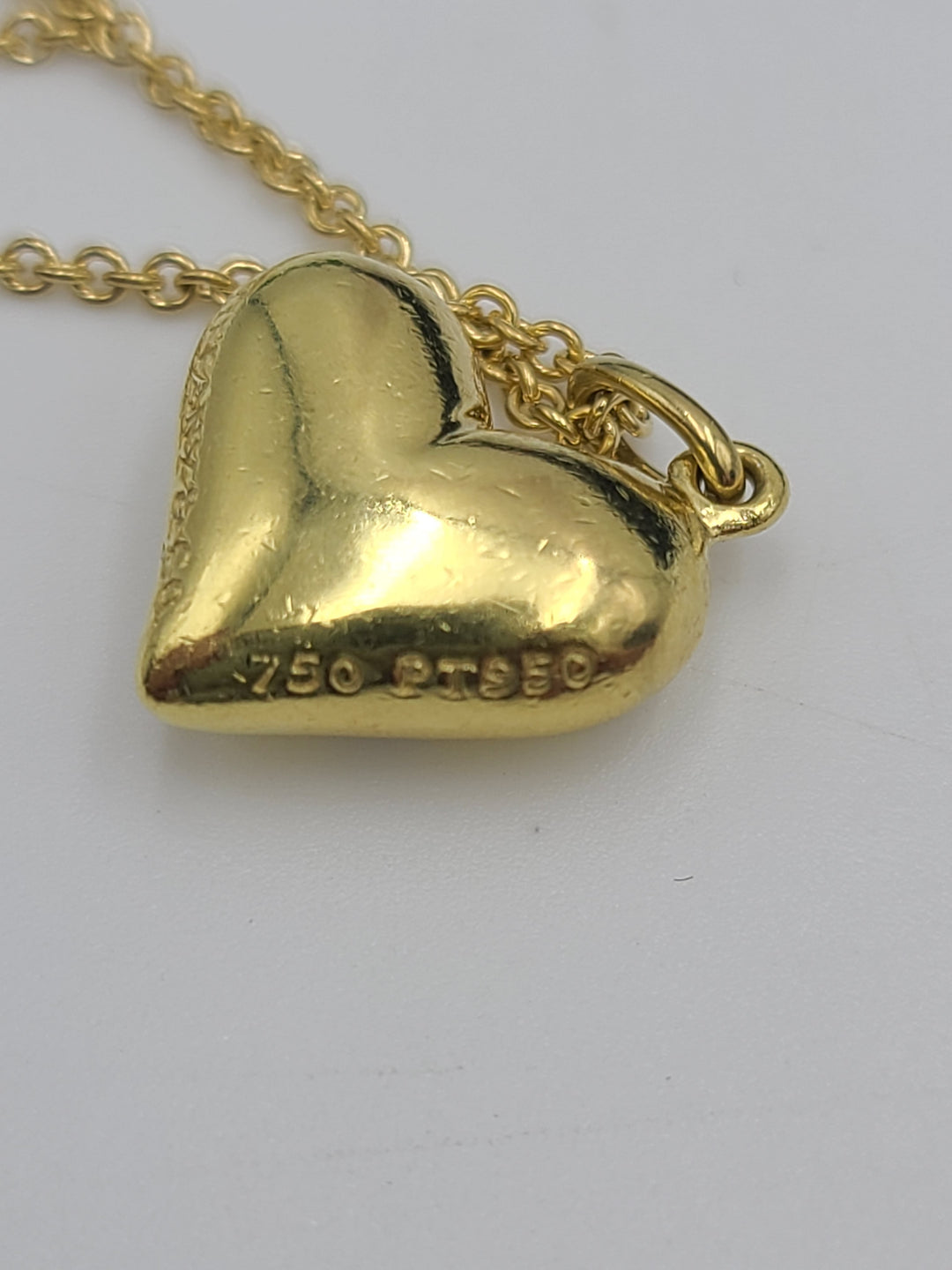 k803 Beautiful Ladies 18kt Yellow Gold Tiffany and Co Puffy Diamond Heart and Heart ID Tag on 24" Tiffany Necklace