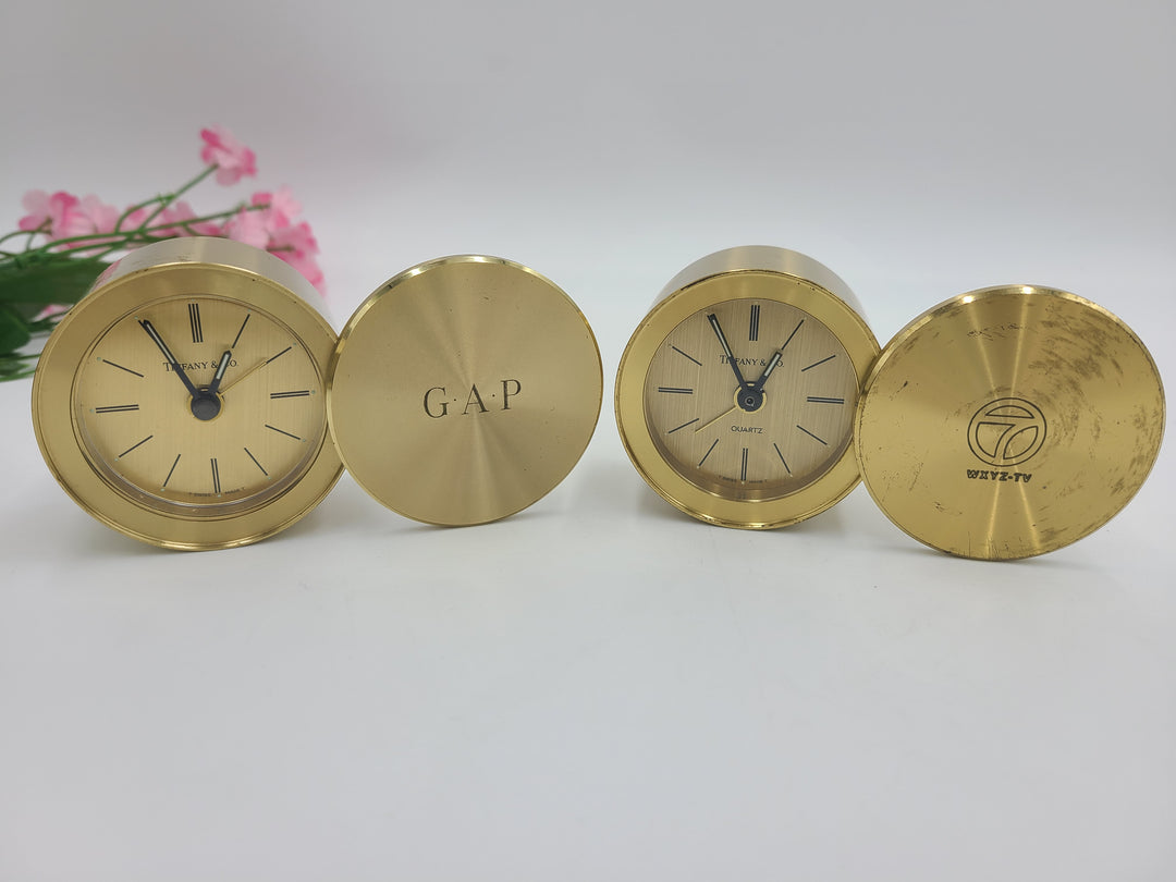 g211 (2) 1990s Tiffany & Co Brass Miniature Alarm Clocks
