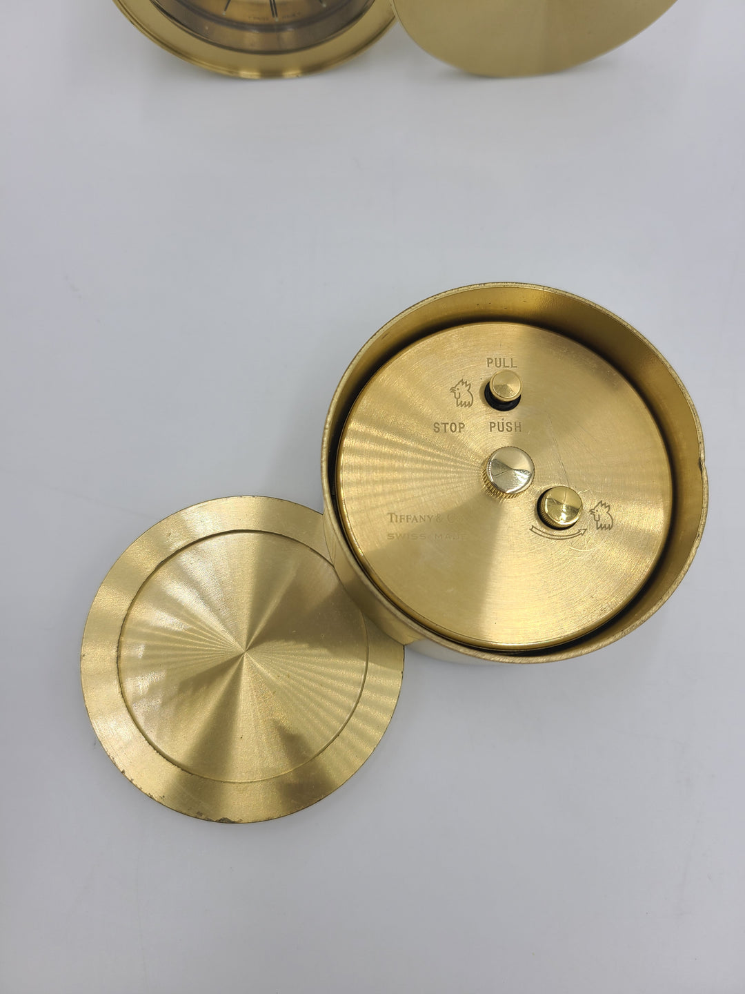 g211 (2) 1990s Tiffany & Co Brass Miniature Alarm Clocks