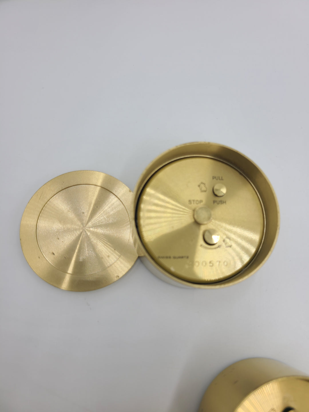 g211 (2) 1990s Tiffany & Co Brass Miniature Alarm Clocks